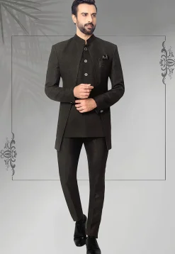 Woven Terry Rayon Jodhpuri Jacket in Black