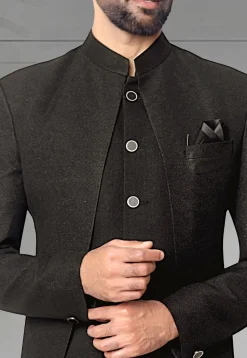 Woven Terry Rayon Jodhpuri Jacket in Black