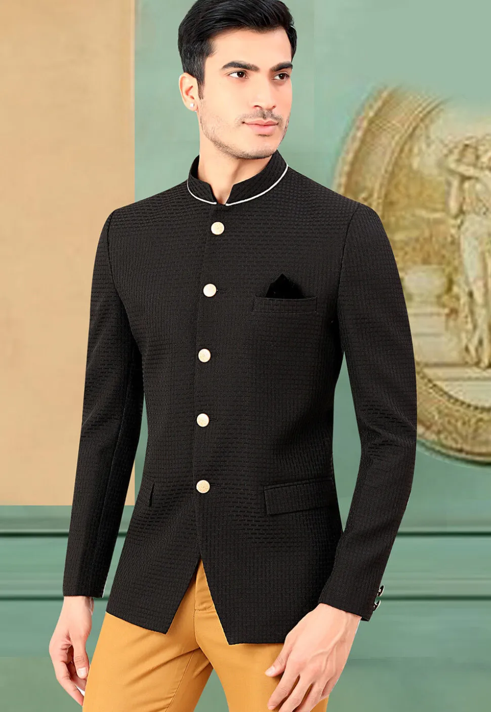 Woven Terry Rayon Jodhpuri Jacket in Black