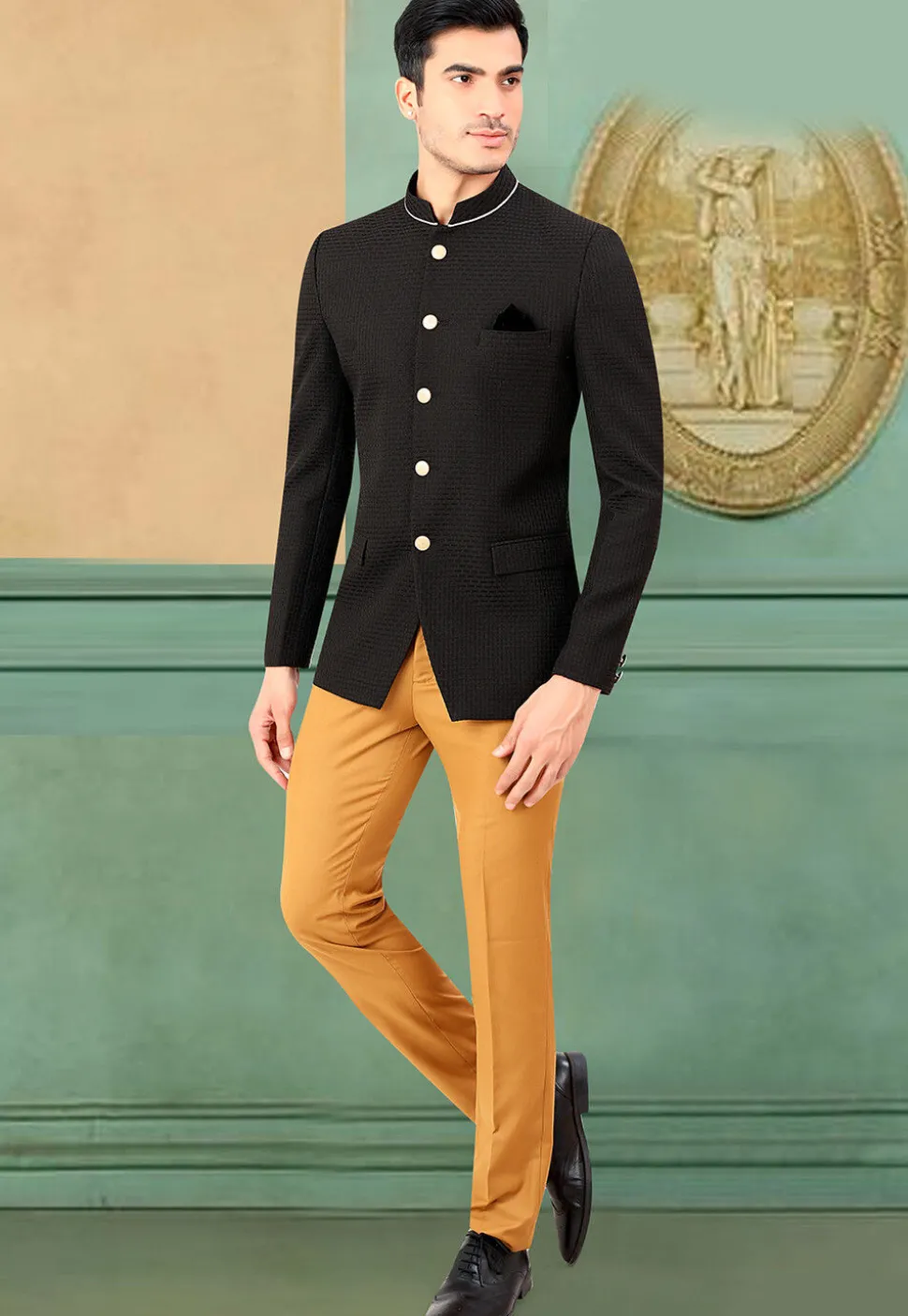 Woven Terry Rayon Jodhpuri Jacket in Black