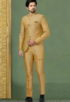 Woven Terry Rayon Jodhpuri Suit in Beige