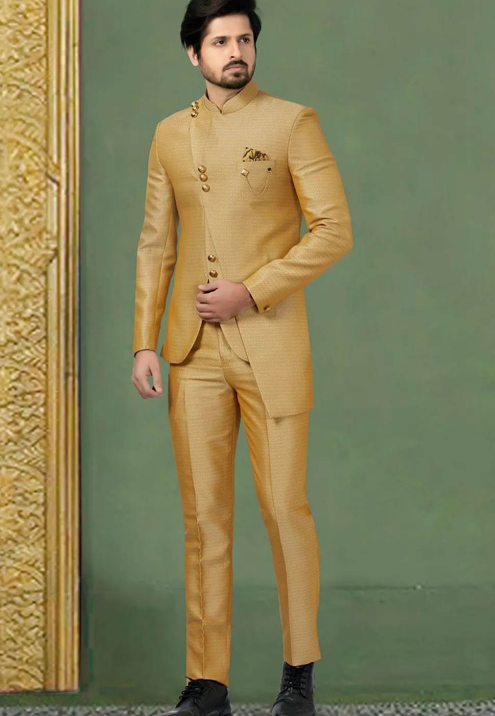 Woven Terry Rayon Jodhpuri Suit in Beige