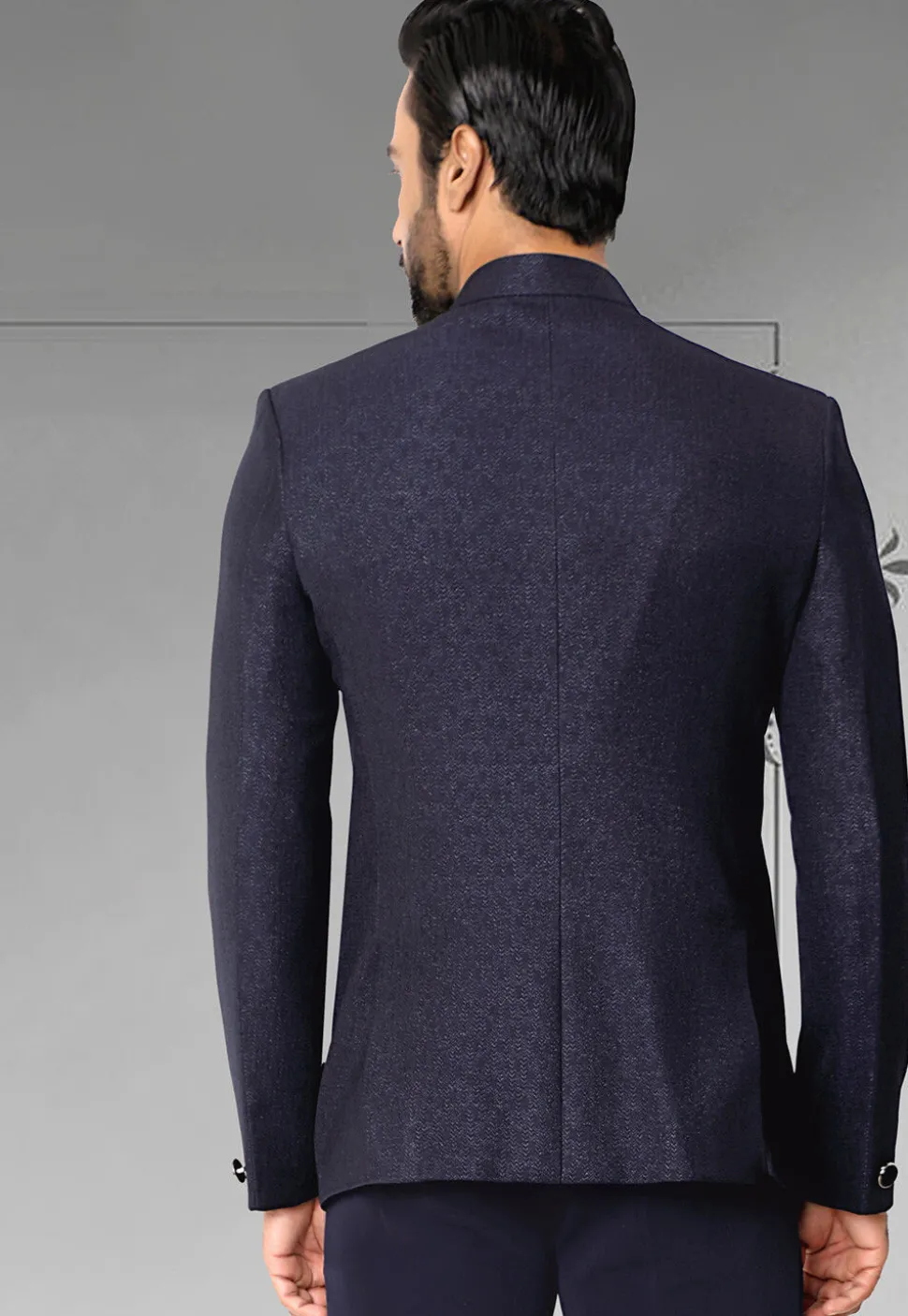 Woven Terry Rayon Jodhpuri Jacket in Navy Blue