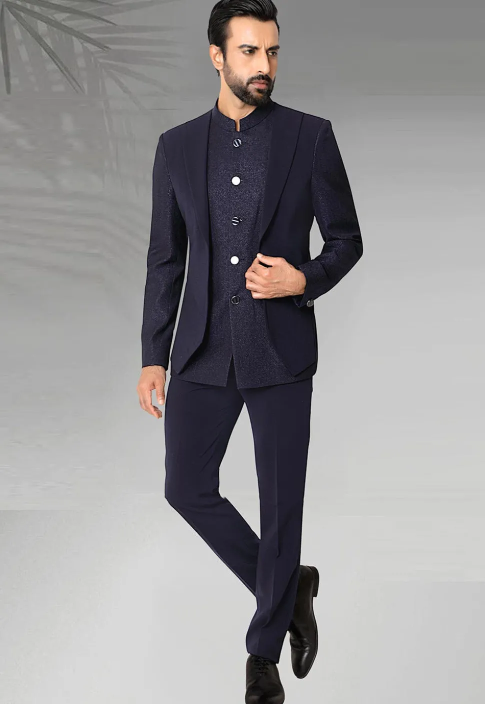 Woven Terry Rayon Jodhpuri Jacket in Navy Blue