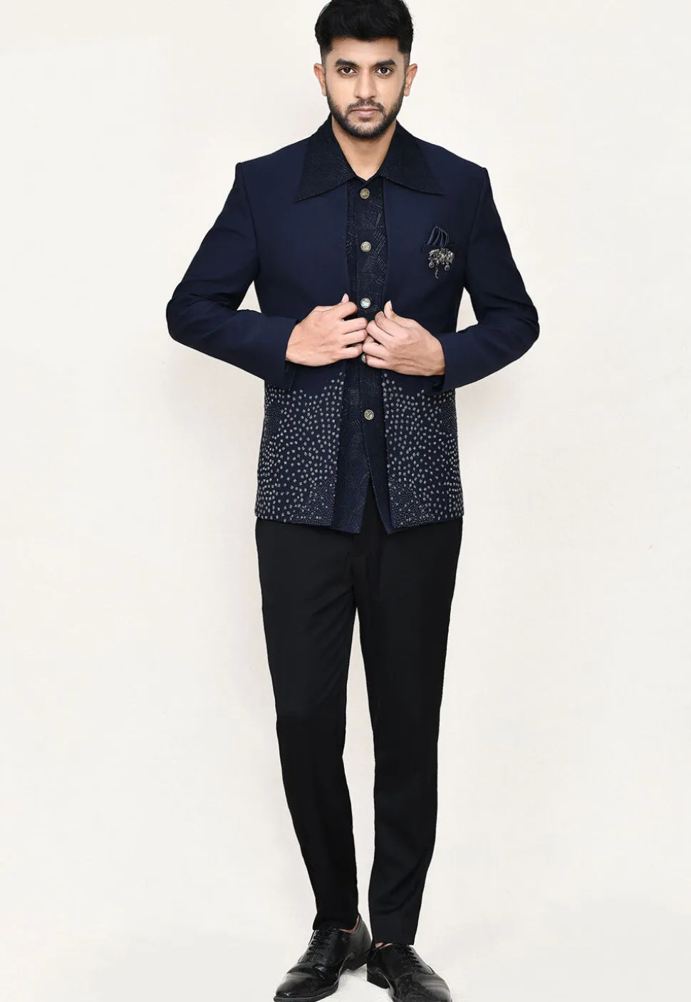Woven Terry Rayon Jodhpuri Suit in Navy Blue