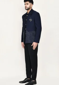 Woven Terry Rayon Jodhpuri Suit in Navy Blue