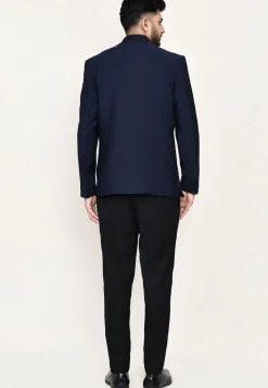 Woven Terry Rayon Jodhpuri Suit in Navy Blue
