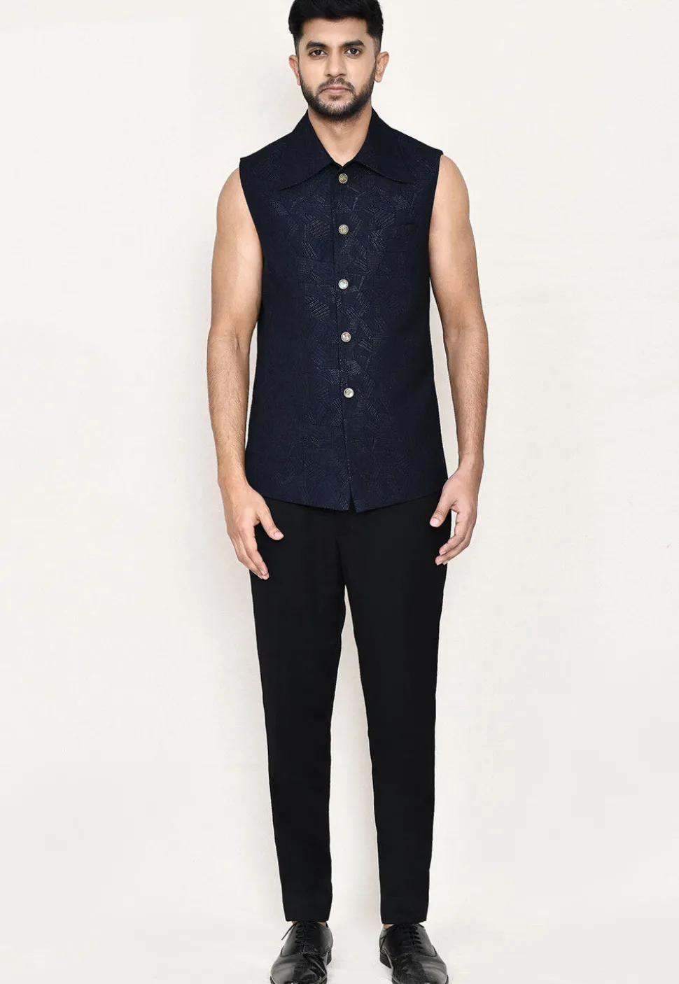 Woven Terry Rayon Jodhpuri Suit in Navy Blue