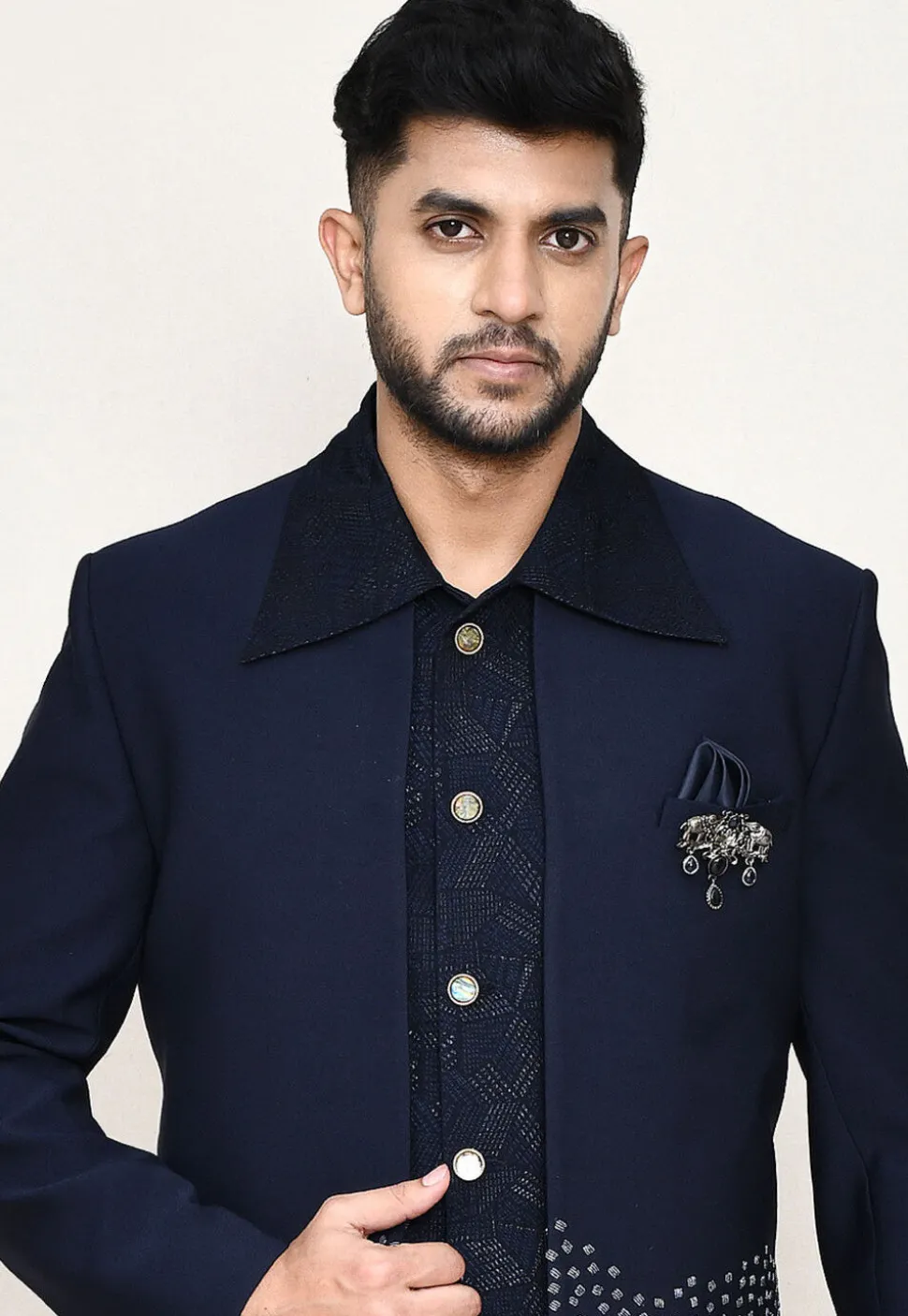 Woven Terry Rayon Jodhpuri Suit in Navy Blue
