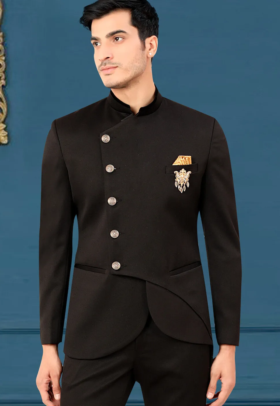 Woven Terry Rayon Jodhpuri Jacket in Black