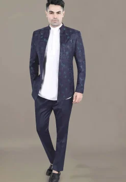 Woven Terry Rayon Jodhpuri Suit in Navy Blue