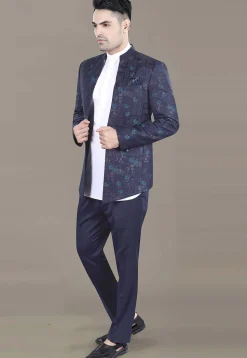Woven Terry Rayon Jodhpuri Suit in Navy Blue