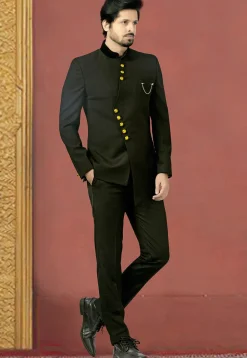 Woven Terry Rayon Jodhpuri Suit in Black