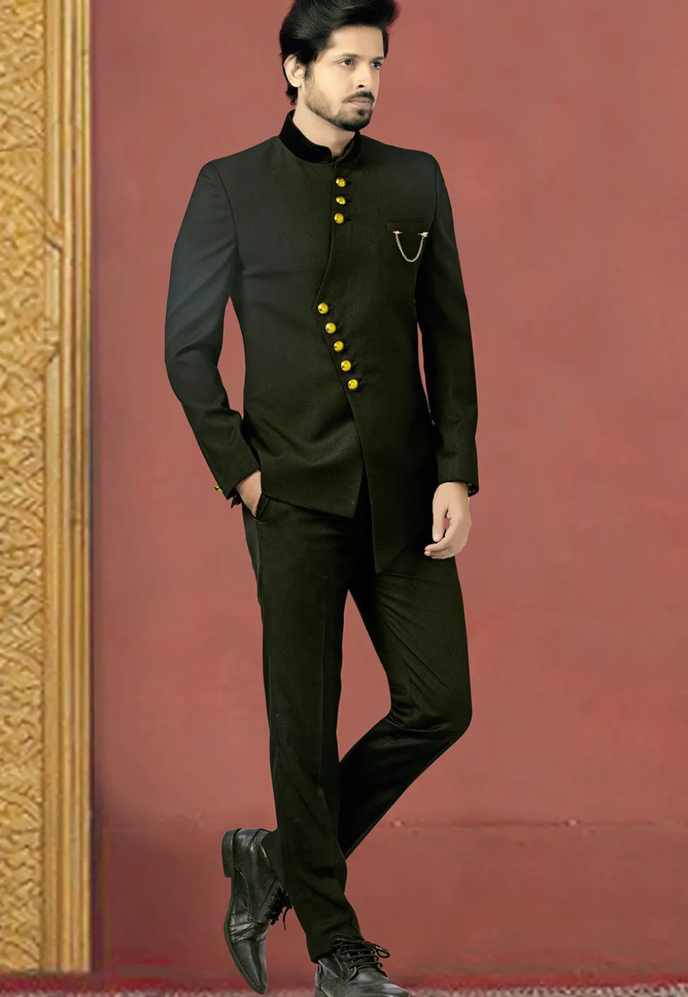 Woven Terry Rayon Jodhpuri Suit in Black