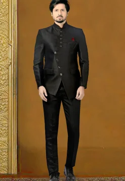 Woven Terry Rayon Jodhpuri Suit in Black