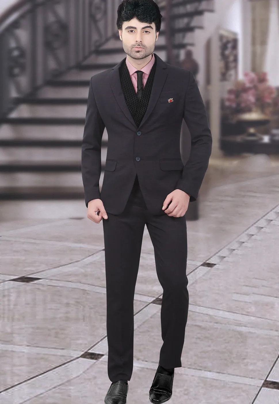Woven Terry Rayon Suit in Black