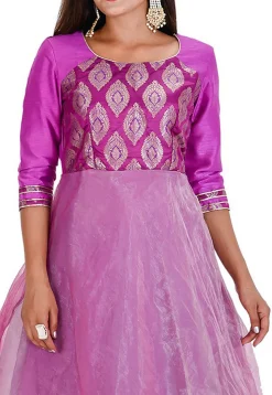 Woven Tissue Abaya Style Suit in Purple and Pink