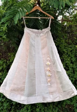Woven Tissue Jacquard Panelled Skirt in Off White and Peach