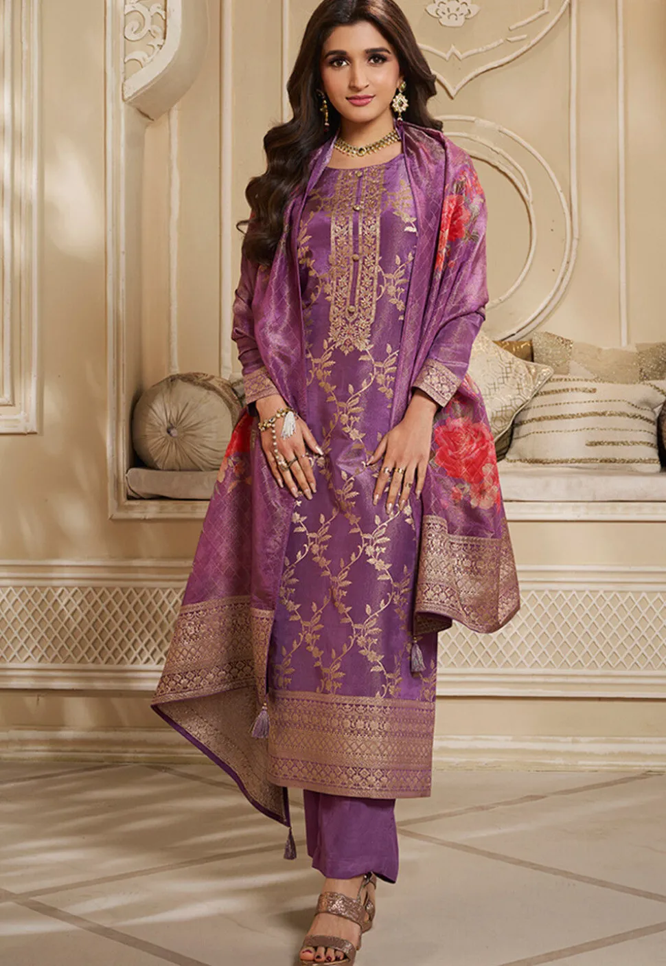 Woven Tissue Pakistani Suit in Purple