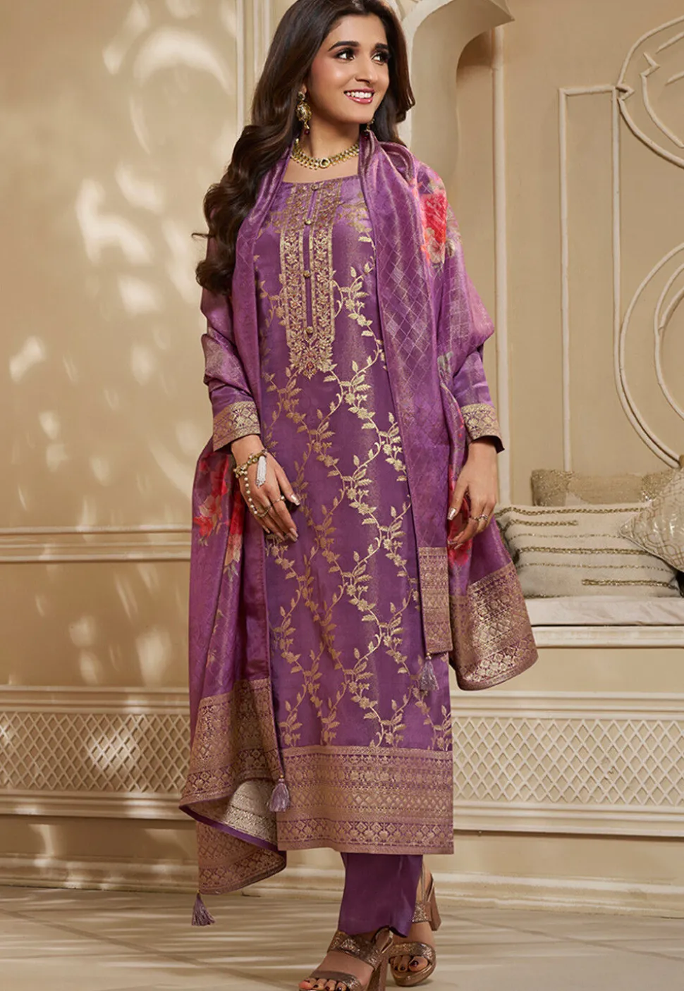 Woven Tissue Pakistani Suit in Purple