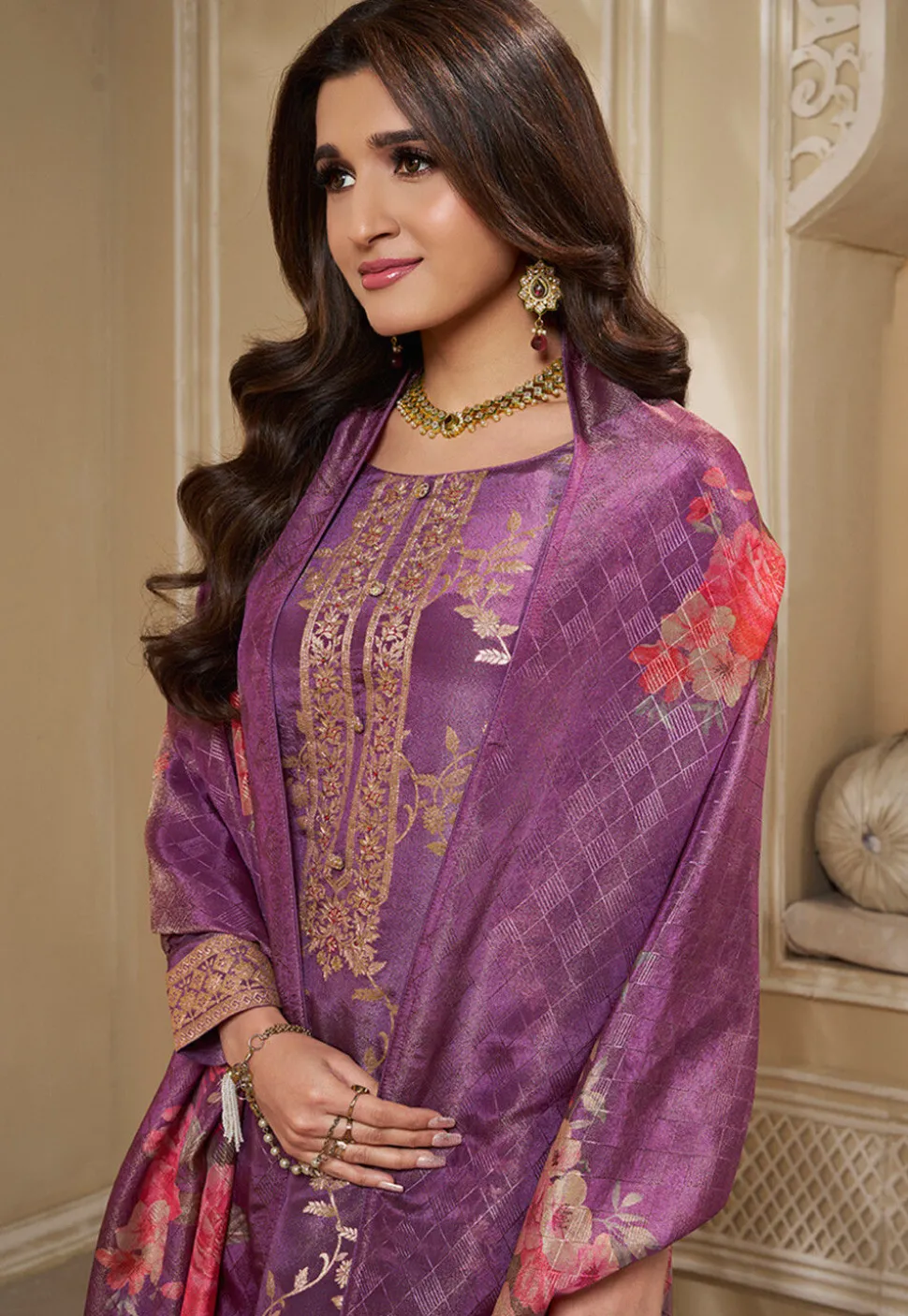 Woven Tissue Pakistani Suit in Purple