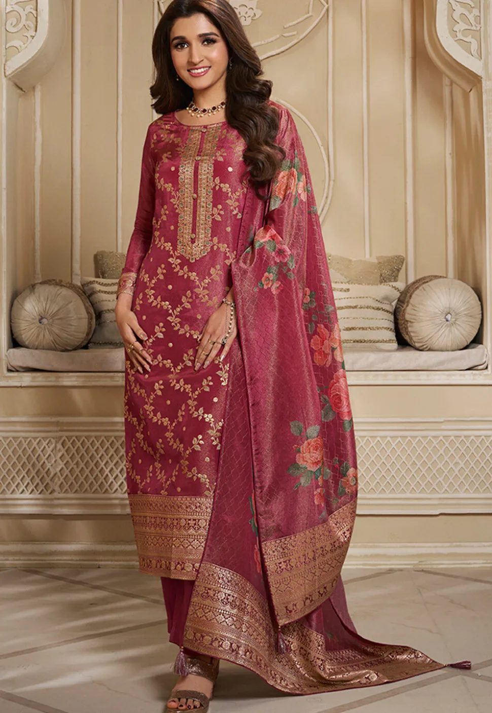Woven Tissue Pakistani Suit in Old Rose