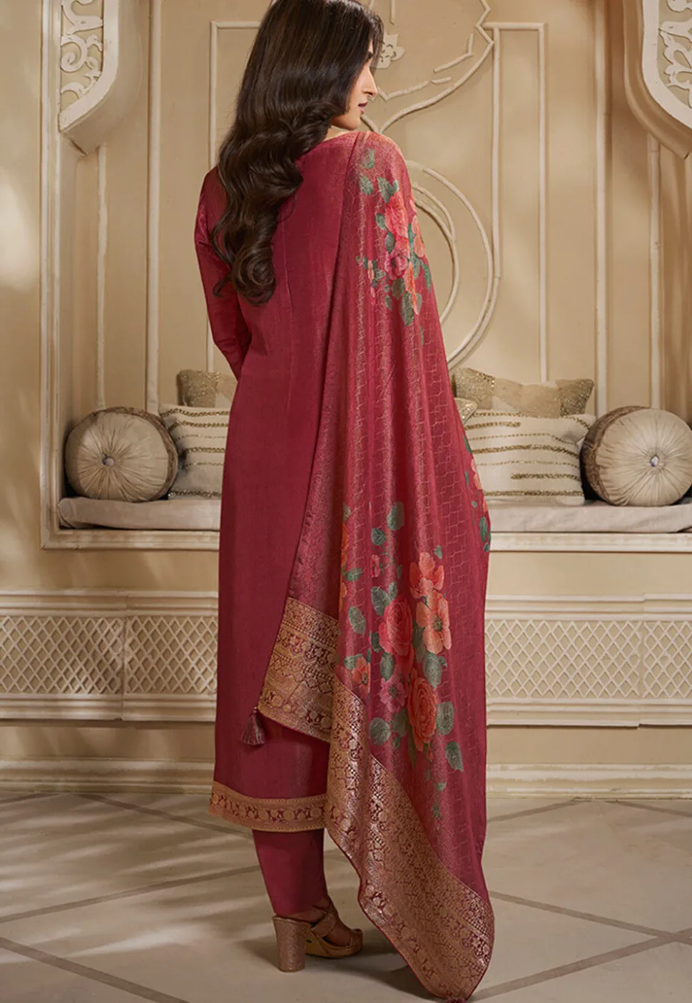 Woven Tissue Pakistani Suit in Old Rose