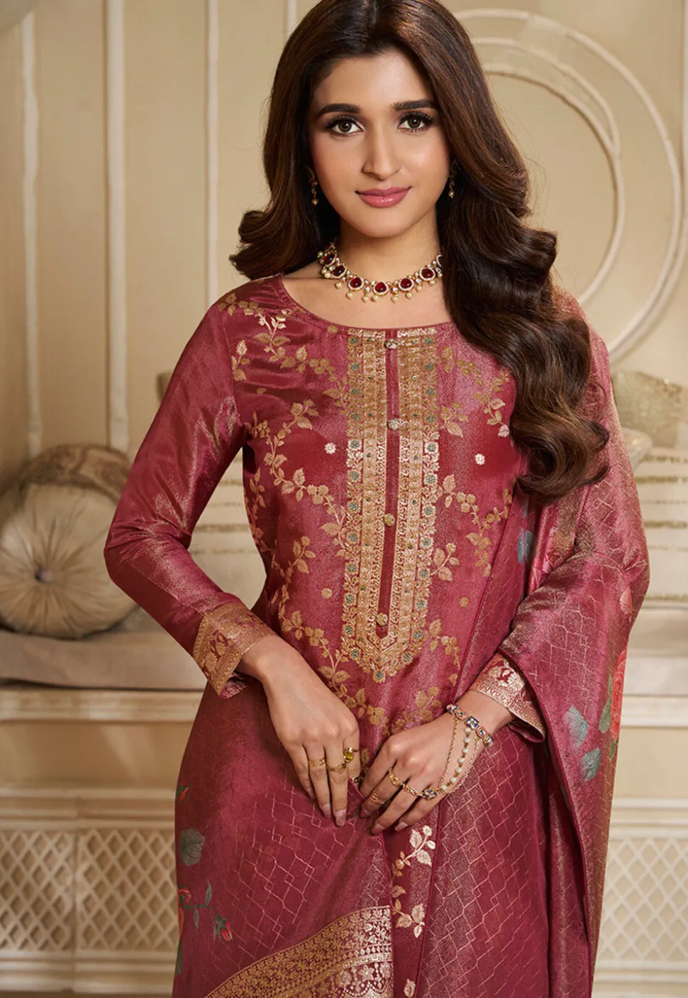 Woven Tissue Pakistani Suit in Old Rose