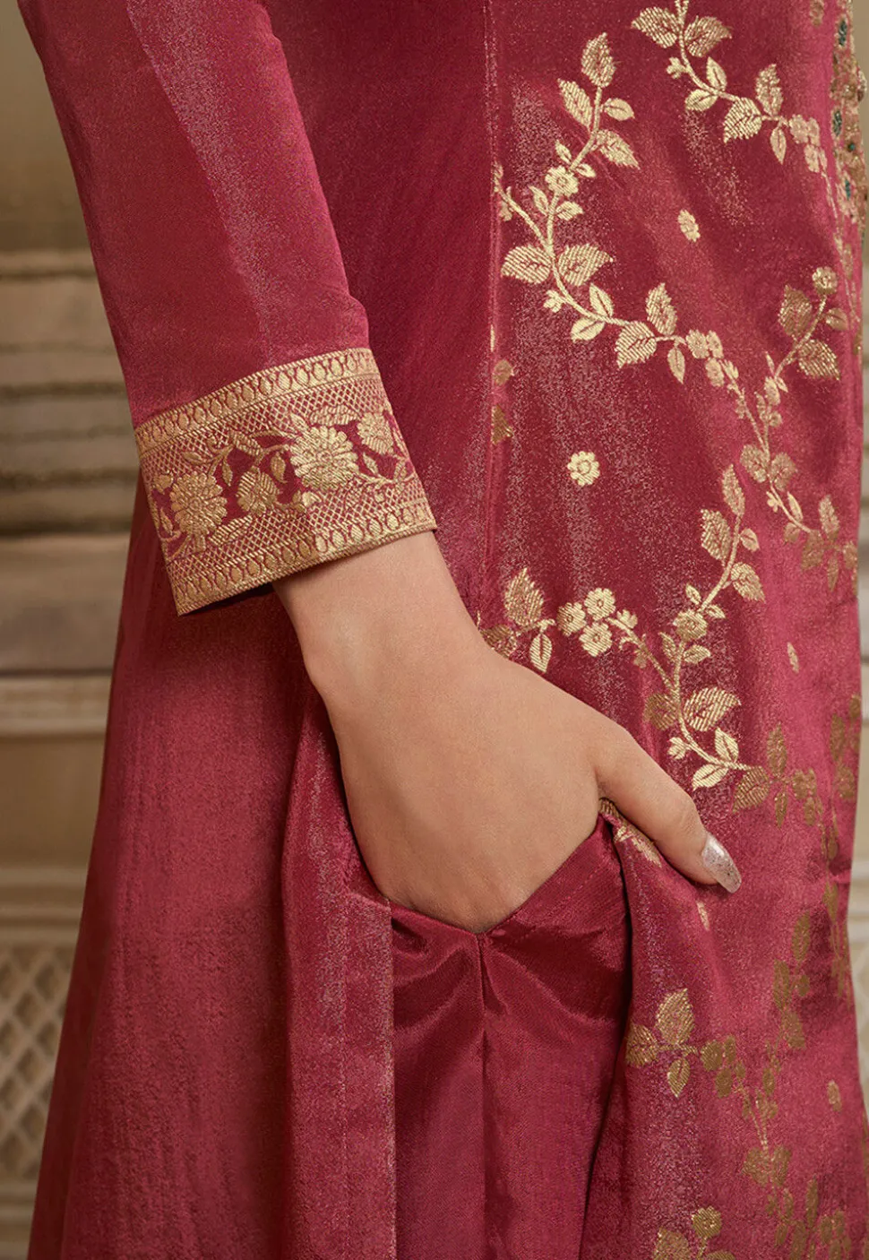 Woven Tissue Pakistani Suit in Old Rose