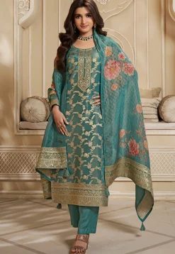 Woven Tissue Pakistani Suit in Teal Green