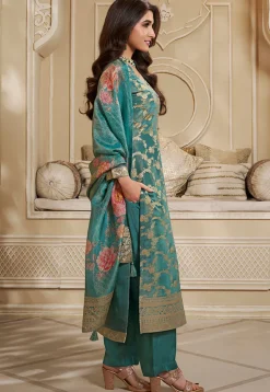 Woven Tissue Pakistani Suit in Teal Green