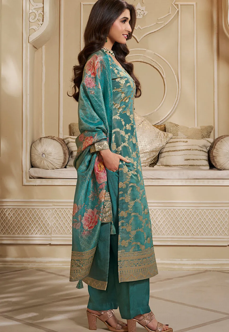 Woven Tissue Pakistani Suit in Teal Green