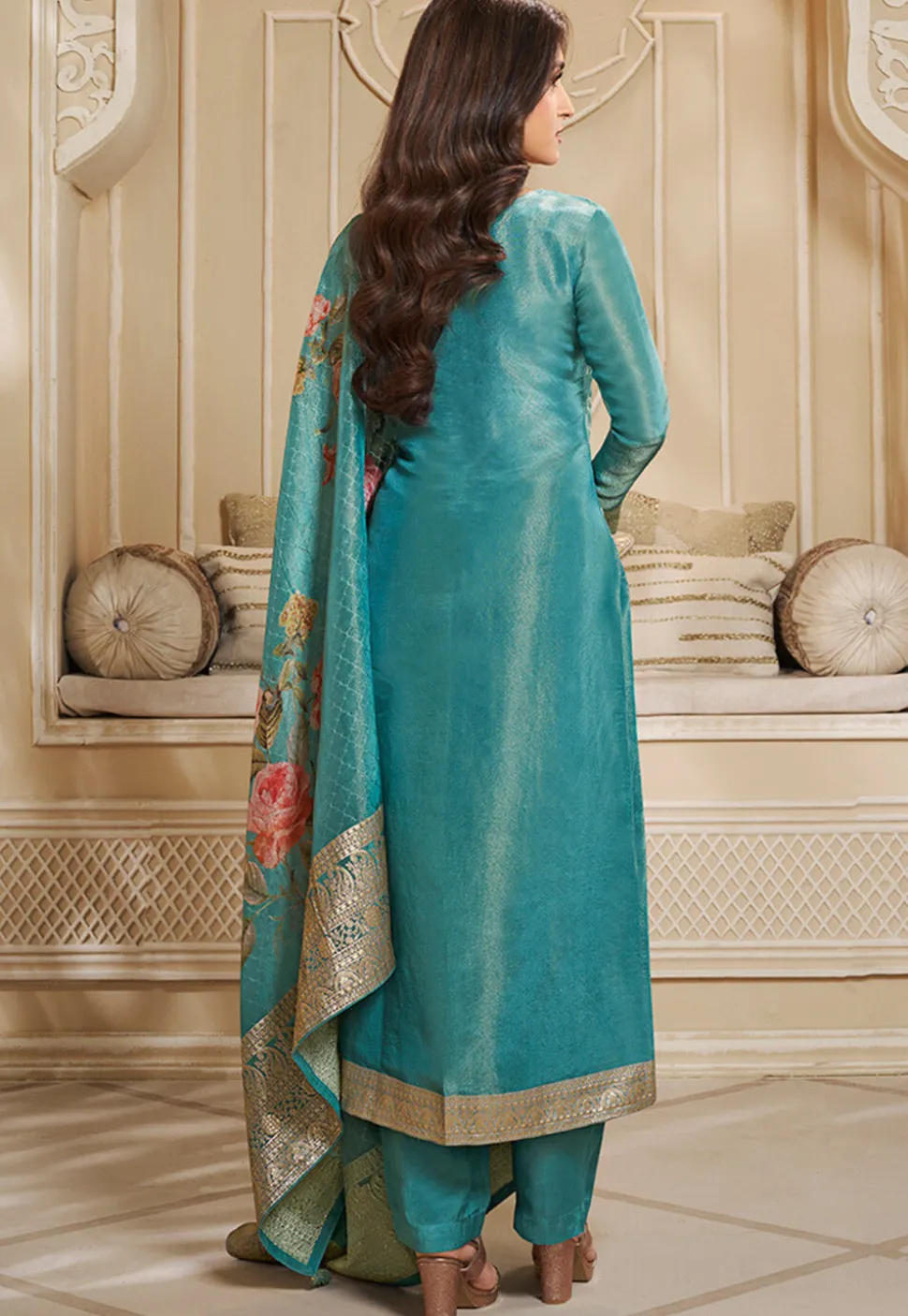 Woven Tissue Pakistani Suit in Teal Blue