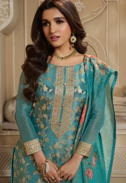 Woven Tissue Pakistani Suit in Teal Blue