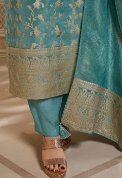Woven Tissue Pakistani Suit in Teal Blue