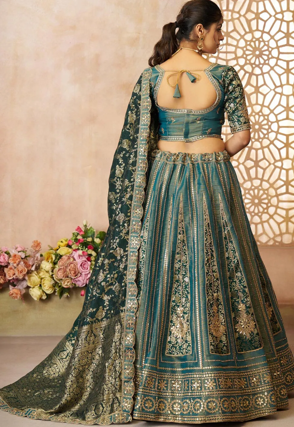 Woven Tissue Silk Lehenga in Blue