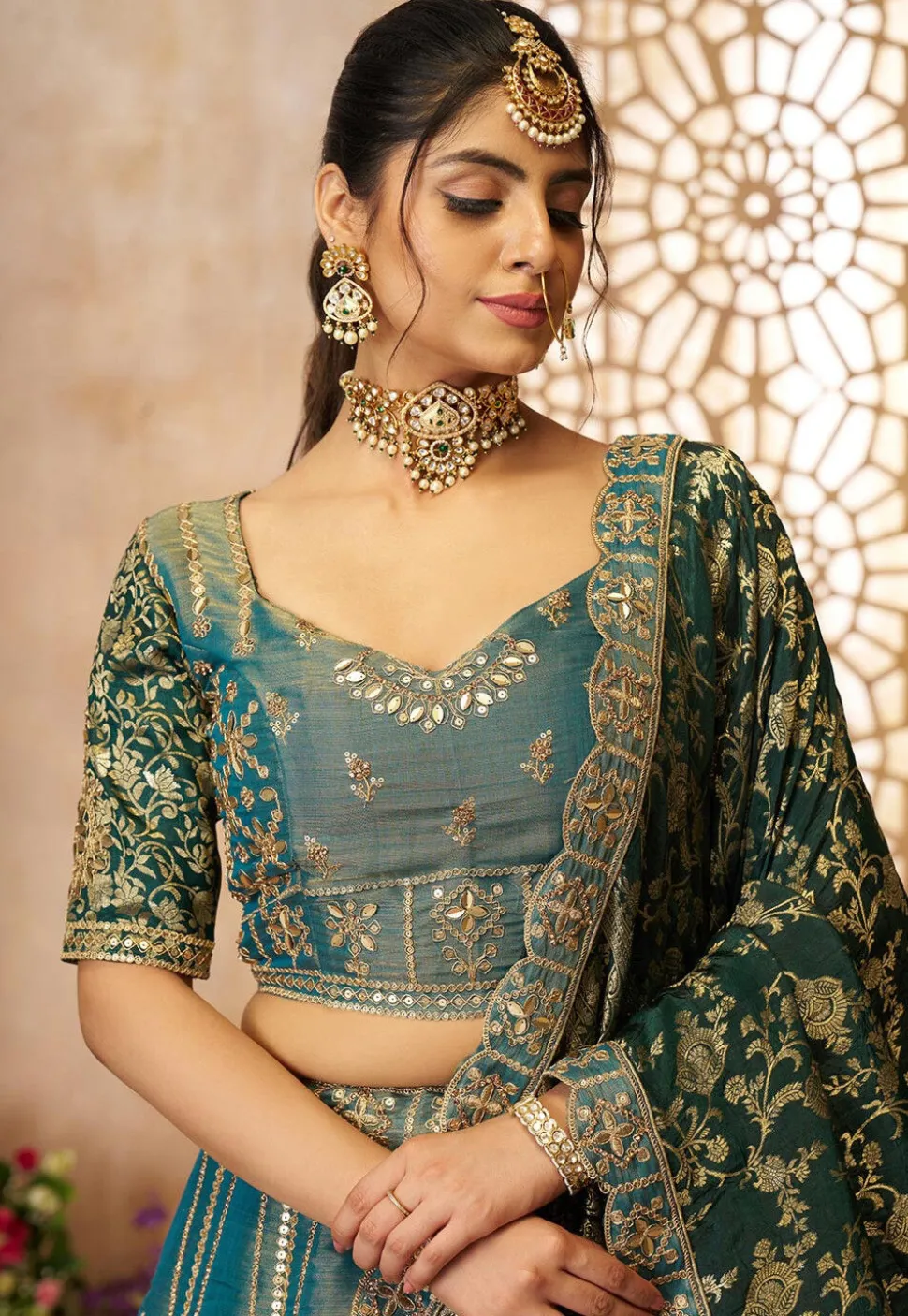 Woven Tissue Silk Lehenga in Blue