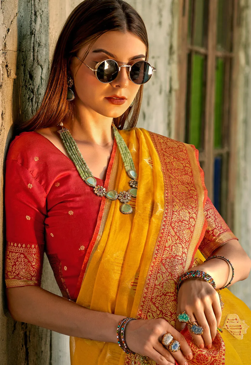 Woven Tissue Silk Saree in Yellow