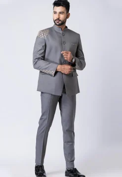 Woven Trim Polyester Jodhpuri Suit in Grey