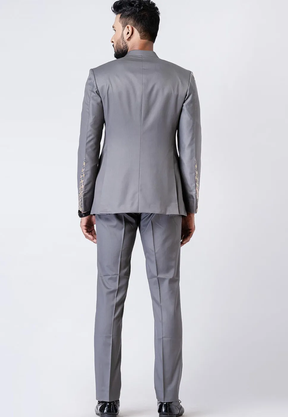 Woven Trim Polyester Jodhpuri Suit in Grey