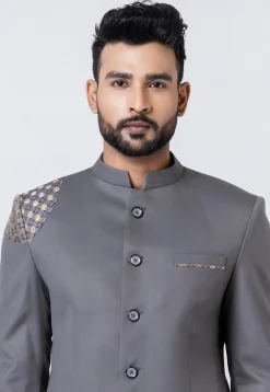 Woven Trim Polyester Jodhpuri Suit in Grey