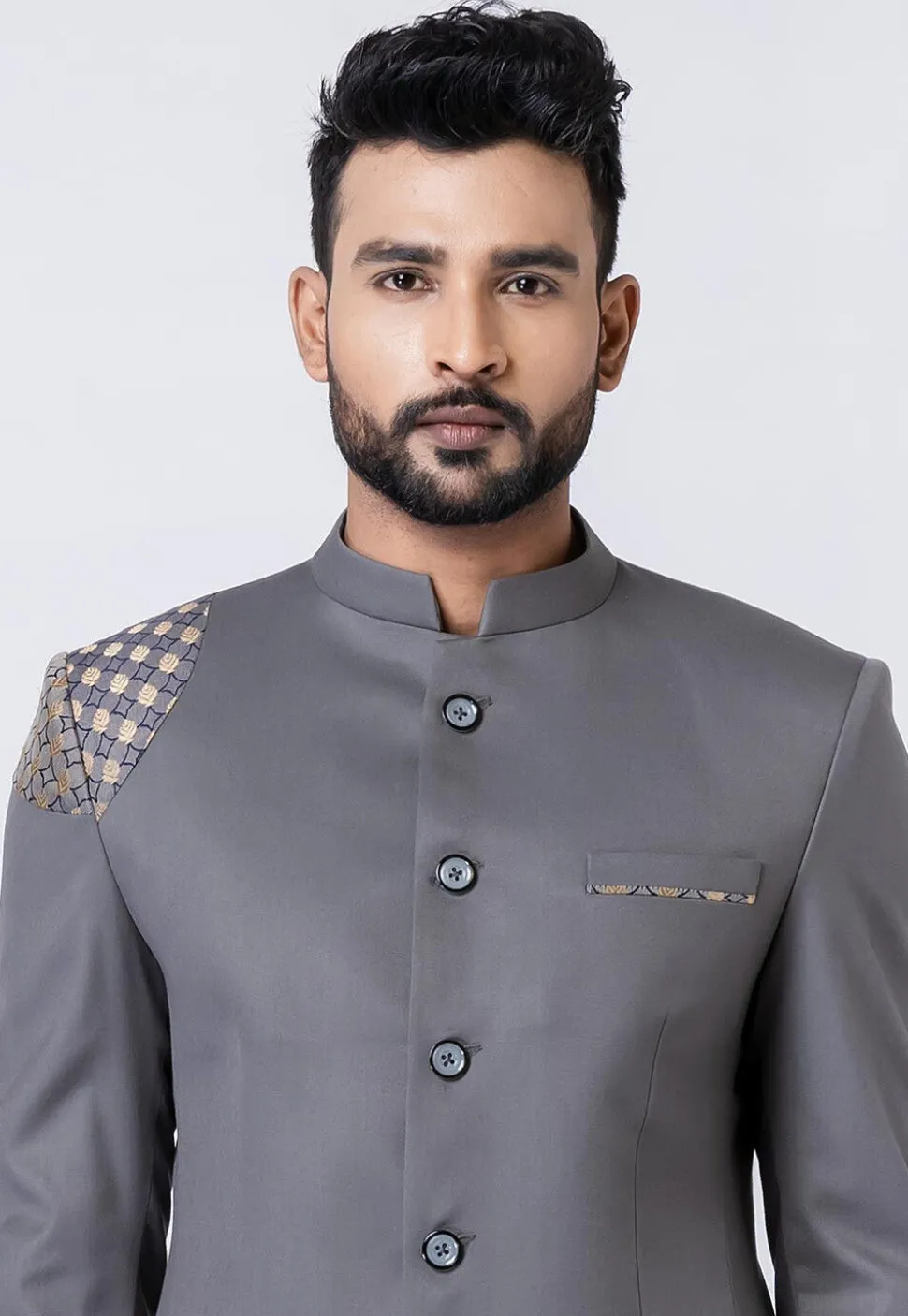 Woven Trim Polyester Jodhpuri Suit in Grey
