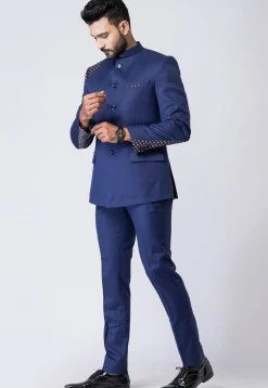 Woven Trim Polyester Jodhpuri Suit in Navy Blue