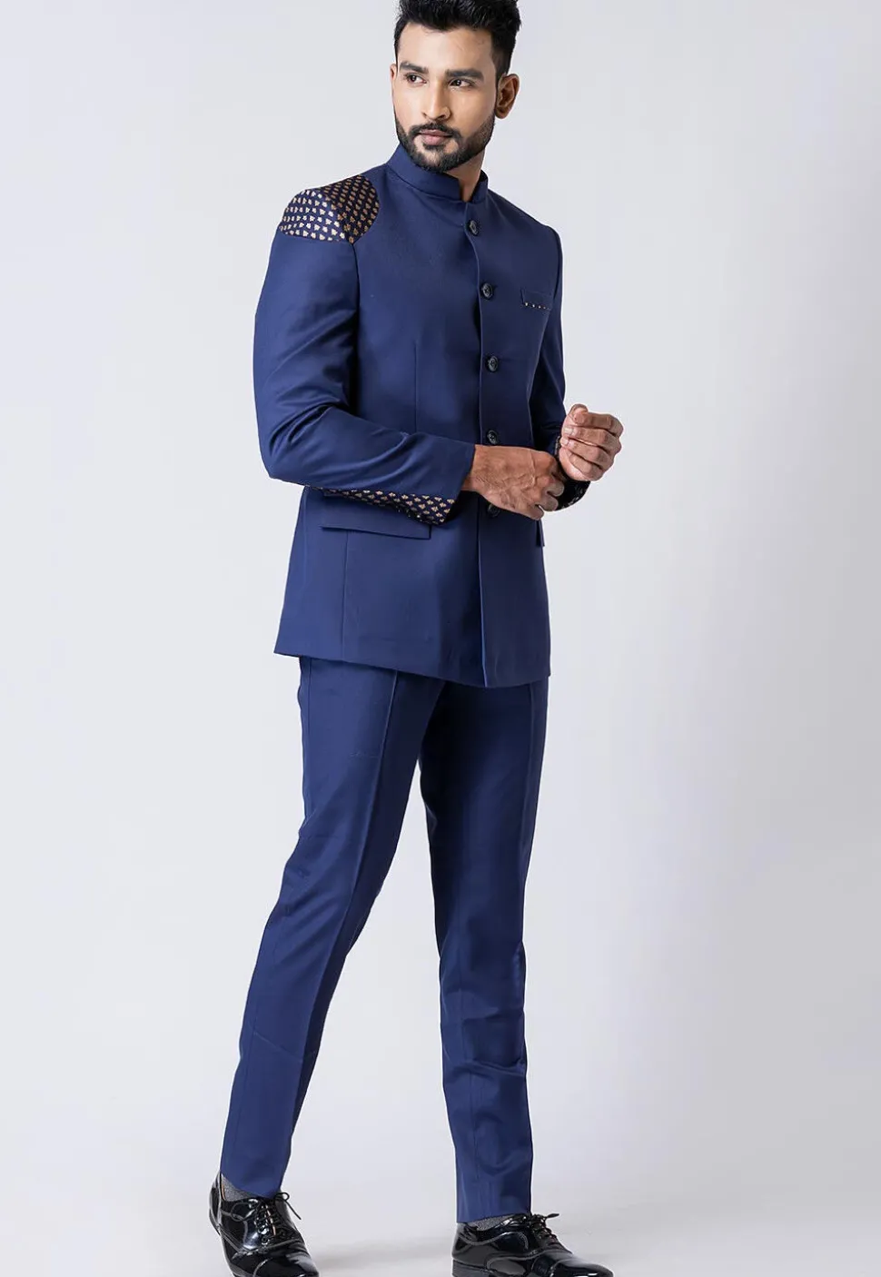 Woven Trim Polyester Jodhpuri Suit in Navy Blue