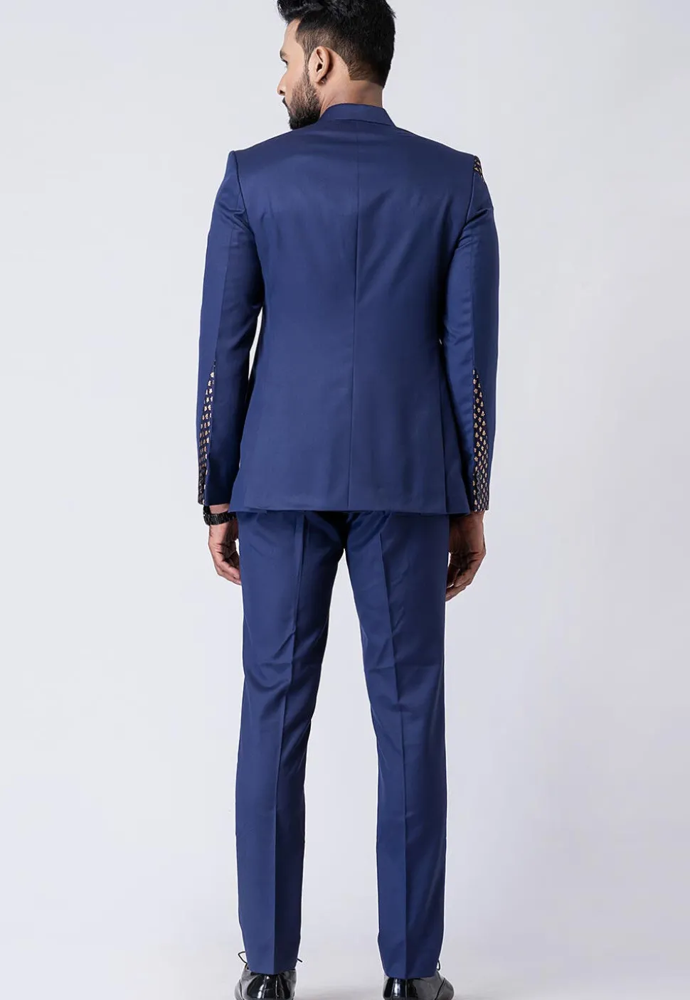 Woven Trim Polyester Jodhpuri Suit in Navy Blue