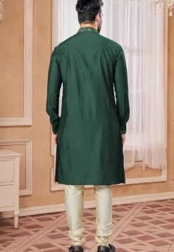 Woven Trims Art Silk Kurta Set in Dark Green