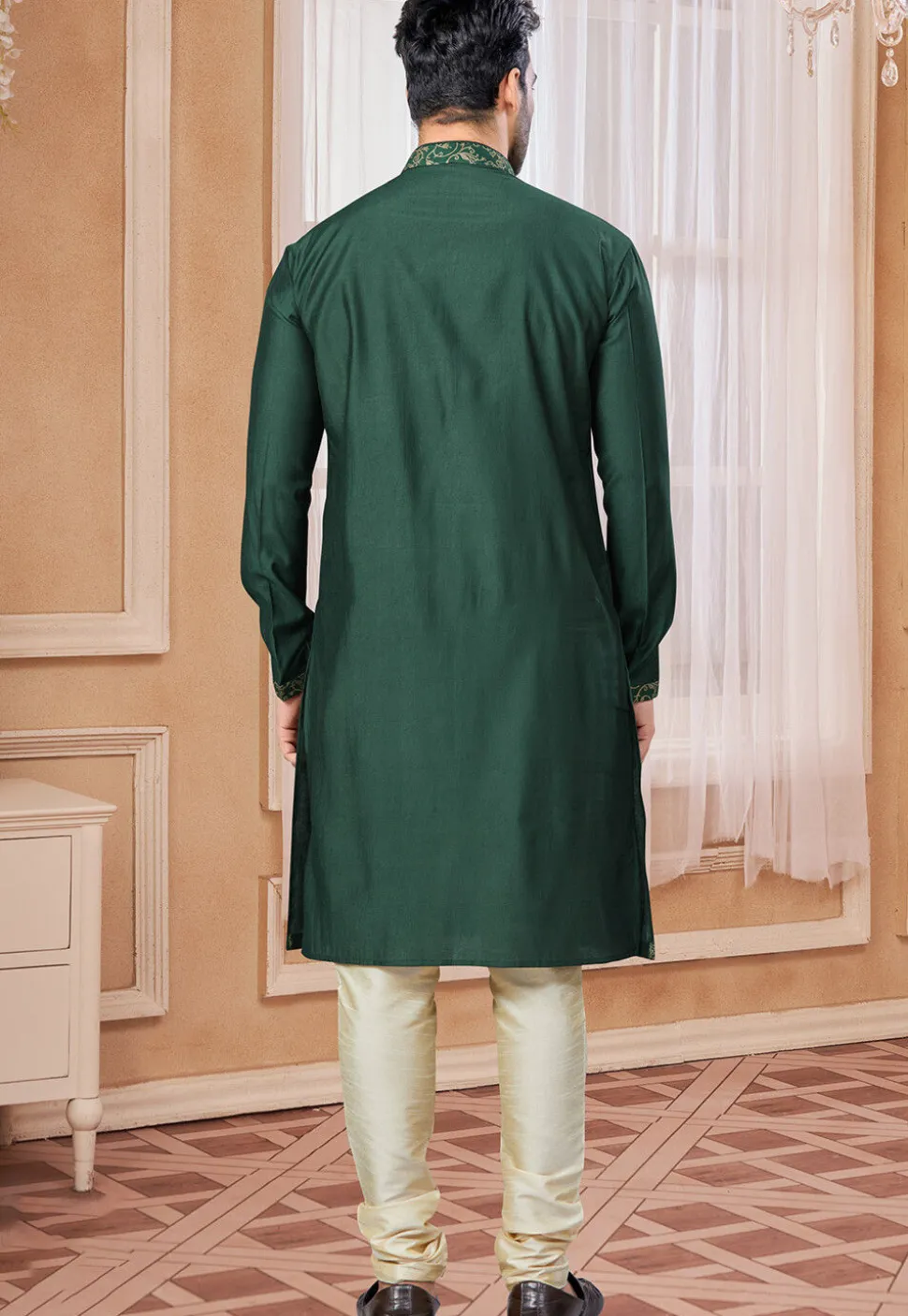 Woven Trims Art Silk Kurta Set in Dark Green