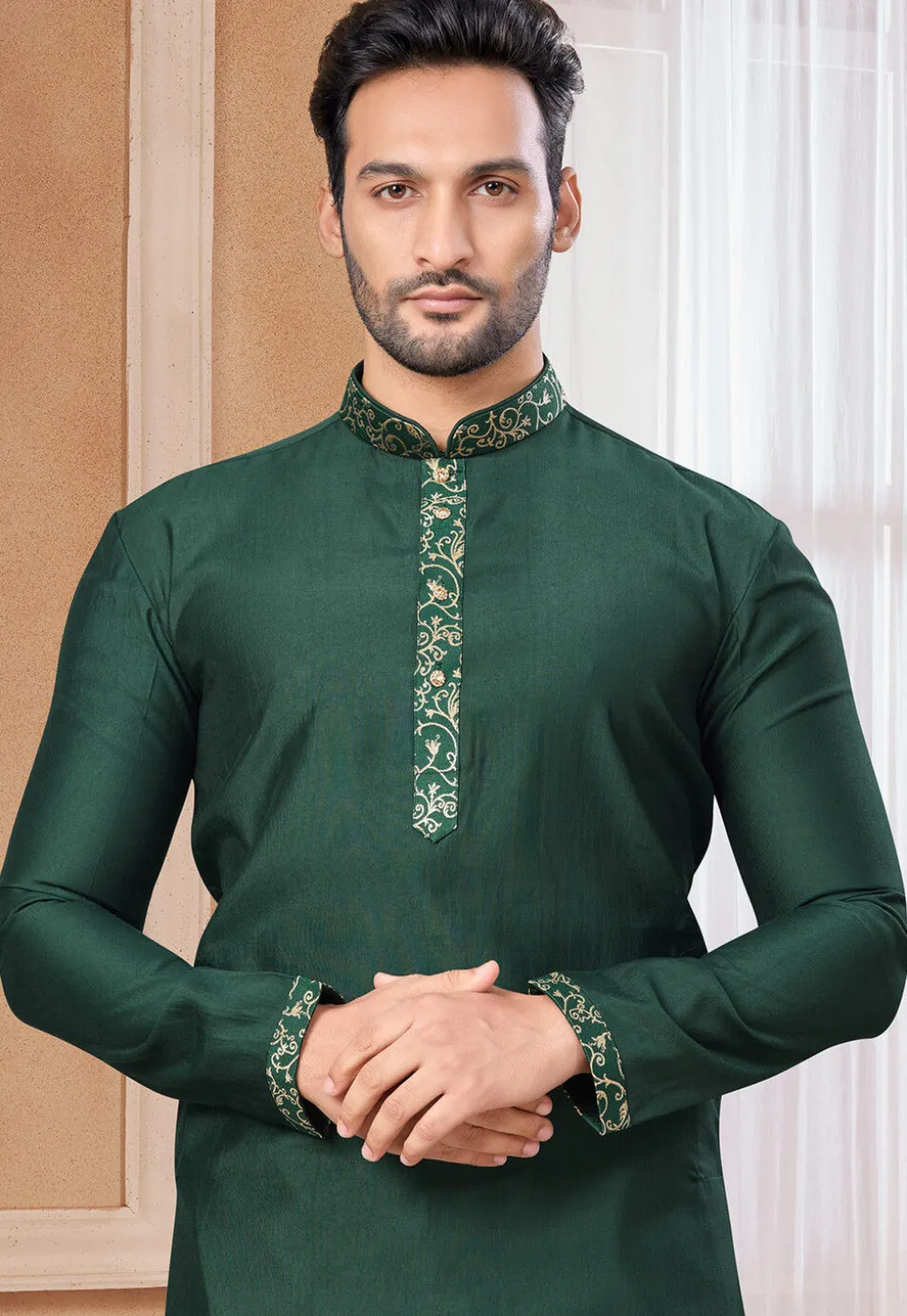 Woven Trims Art Silk Kurta Set in Dark Green