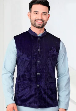 Woven Velvet Jacquard Nehru Jacket in Navy Blue