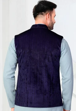 Woven Velvet Jacquard Nehru Jacket in Navy Blue